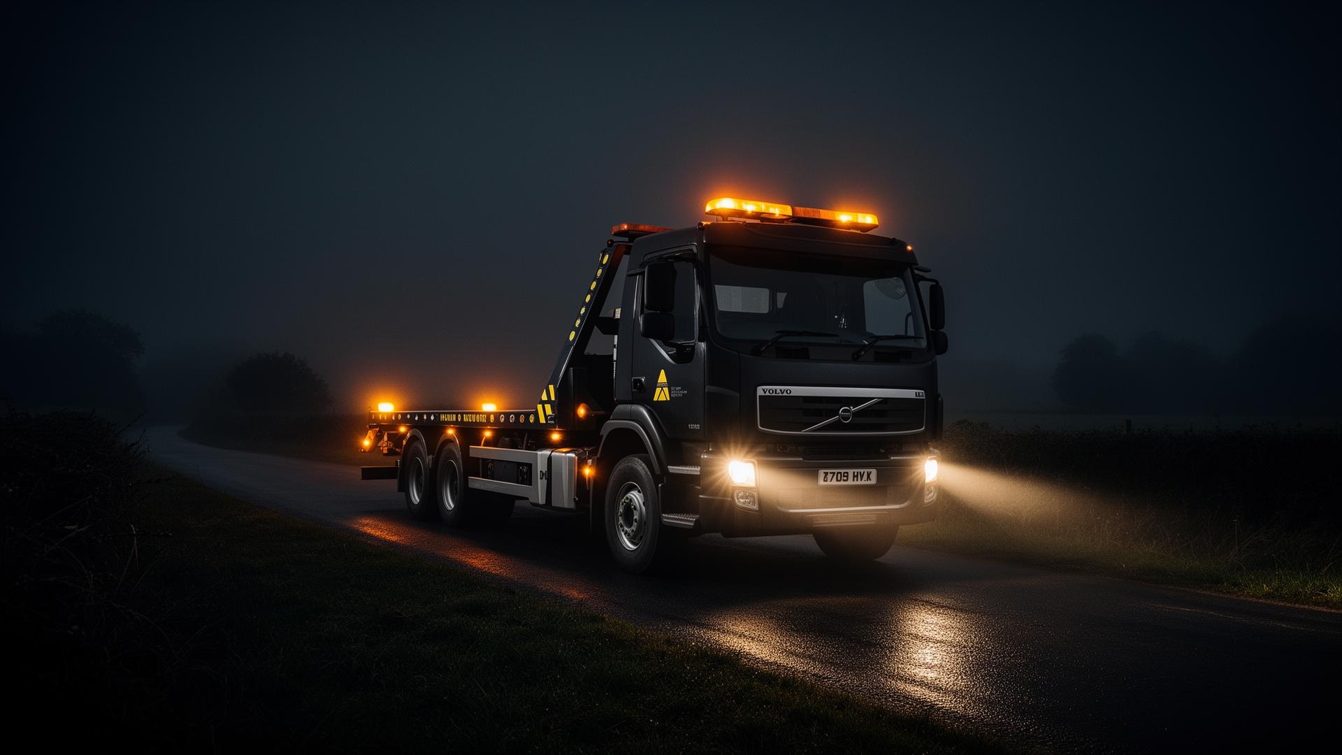 Recovery truck with amber beacons on a Herefordshire road at night